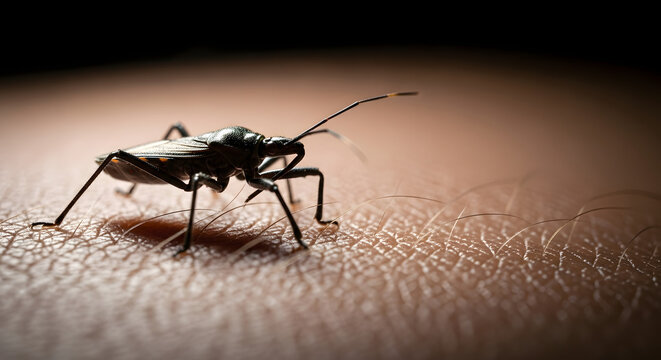 A kissing bug with long antennae and legs crawls across textured human skin, dramatically lit in a close-up shot.