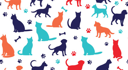 Seamless pattern with colorful cat and dog silhouettes, paws and bones, repeating animal background for textile wallpaper and pet shop branding. © Rumi