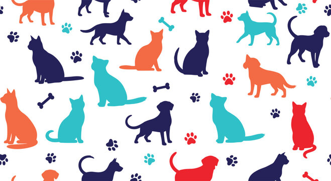 Seamless pattern with colorful cat and dog silhouettes, paws and bones, repeating animal background for textile wallpaper and pet shop branding.