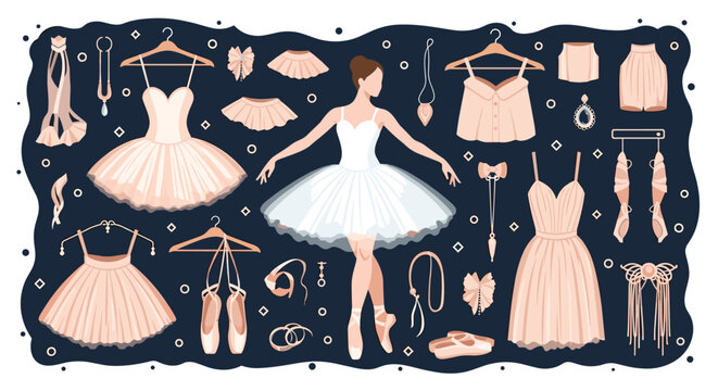 Professional ballerina standing in a white tutu surrounded by various pink dance costumes, shoes, and accessories on a dark background.