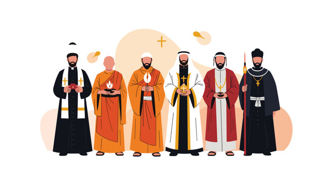 Group of diverse religious leaders from different faiths standing together in traditional clothing representing unity and interfaith harmony.