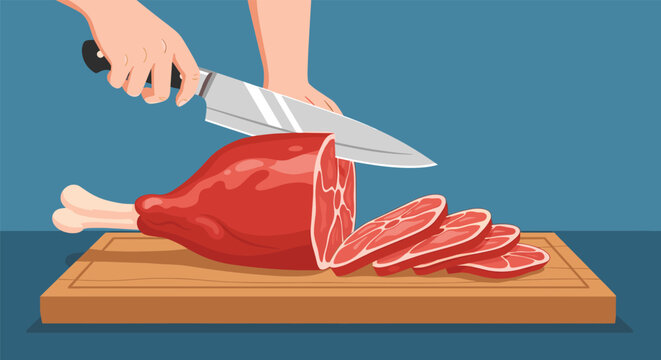 Human hands using a sharp chef knife to slice a large cooked ham into several portions on a wooden cutting board.