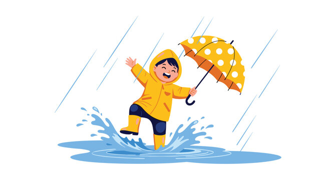 Cheerful little boy in a bright yellow raincoat and boots jumping in a puddle with an umbrella during rainy weather.