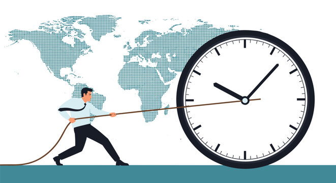 Strong and determined businessman pulling a giant clock with a rope against a world map for time management concept.