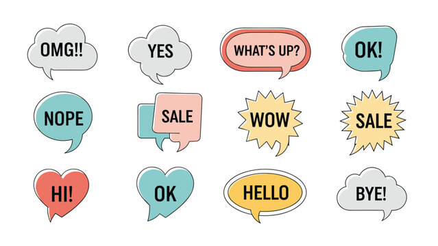 Comprehensive collection of diverse speech bubbles and thought clouds containing various common phrases and exclamations, suitable for communication designs.