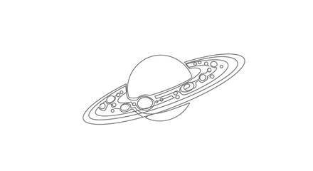 Saturn planet outline, rings and moons, vector illustration, white background © Akun