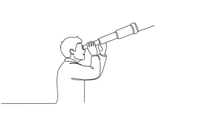 Man looking through telescope, searching for opportunities, future vision, business concept, continuous line art © Akun