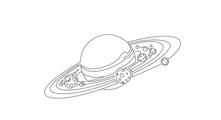 Saturn planet with rings and moons, line art illustration, minimalist cosmic drawing © Akun