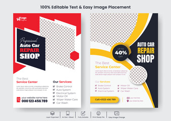 Fototapeta premium Modern car wash flyer poster template design with clean layout, bold typography, editable vector A4 print ready format for auto service, vehicle maintenance, garage promotion and business marketing