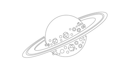 Stylized Saturn-like planet with rings and asteroid belt illustration © Akun