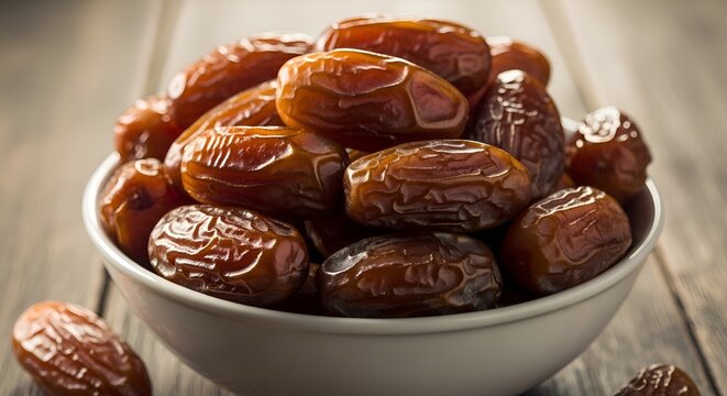 Bowl of Medjool Dates on Wooden Table - Healthy Sweet Fruit Snack