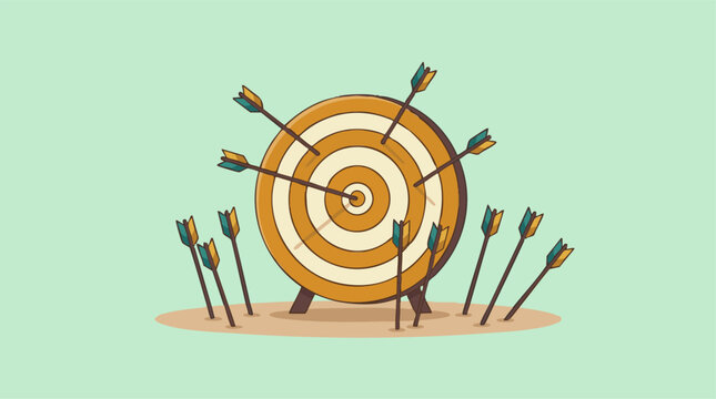 Numerous arrows missing archery target, illustrating failed attempts or inaccuracy