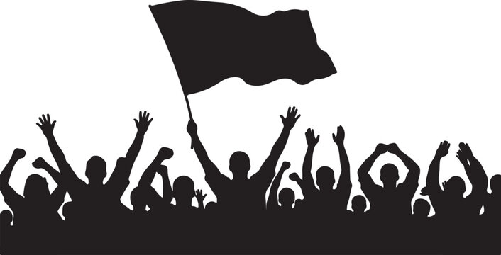 Silhouette of a crowd of people with one holding a flag