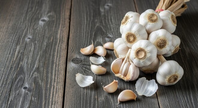 A bunch of garlic on a wooden table.