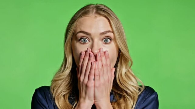 Shocked young woman covering mouth surprised expression on green background studio portrait