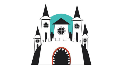 Naklejka premium Stylized white castle with prominent black spires, an inviting orange archway entrance, and a striking dark teal circle as a dramatic background element.