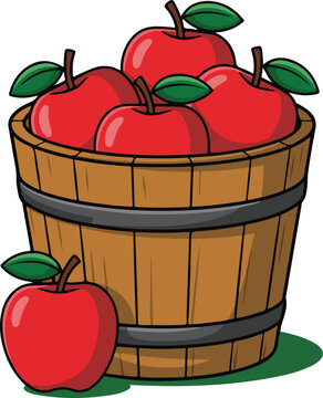 Basket of fresh red apples with green leaves, cartoon illustration, healthy fruit, harvest season.