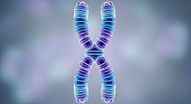 A chromosome structure with a blue and purple color scheme, representing genetic information.