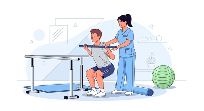 Physical therapist assisting patient with squat exercise using parallel bars and weight