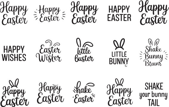 Happy easter typography collection with bunny ears icons and cute phrases for spring holiday celebration greeting cards and prints.