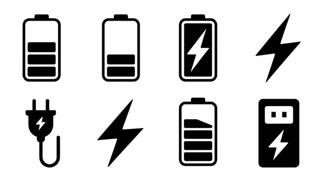 Charging and Battery Solid Icon Set &ndash; Energy, Electricity, and Power Symbols Collection