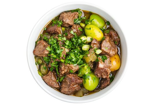 White Bowl Featuring Chakapuli Meat Stew Garnished with Parsley and Green Plums
