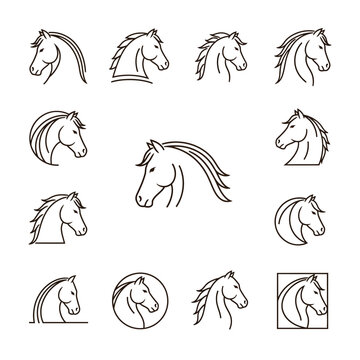 Collection of elegant horse head line art logos and icons.