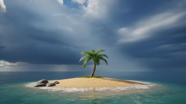 Small Tropical Island with Single Palm Tree Under Stormy Sky.