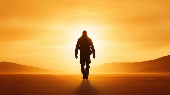 Postapocalyptic survivor in silhouette, walking toward light, moviestyle comic finish