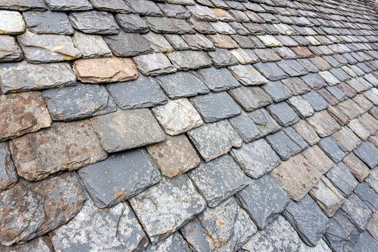 Traditional local stone tiles on the roof of Skipness Castle on the north east coast of the Kintyre Peninsula, Argyll & Bute, Scotland UK