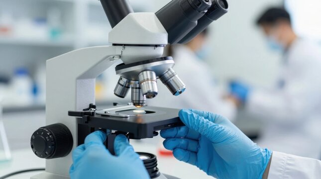 Scientist uses microscope in laboratory for research and experiments with samples and slides