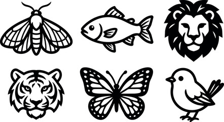 Fototapeta premium Black and white line art animal heads and insect icons moth fish lion tiger butterfly bird
