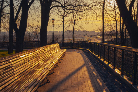 Beautiful park at sunrise time on Volodymyrska girka park in Kyiv, Ukraine