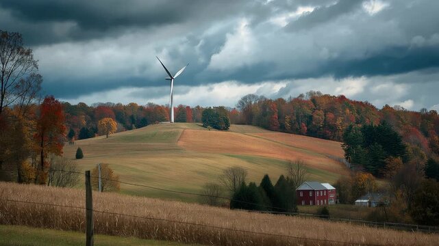 Single wind turbine generating clean electricity on a rolling hill surrounded by autumn foliage, a rustic red farmhouse, and a cornfield under a dramatic, cloudy sky in the countryside