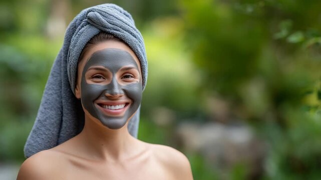Close-up macro-inspired beauty shot of a happy woman&rsquo;s face covered in charcoal clay mask, towel wrap bright and clean, tiny droplets of moisture on skin, spa background blurred in