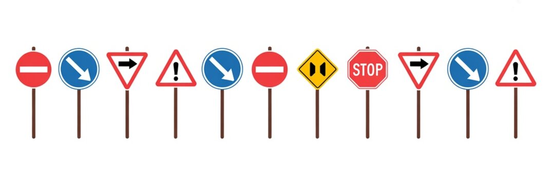 Horizontal line of traffic signs arranged in a row.