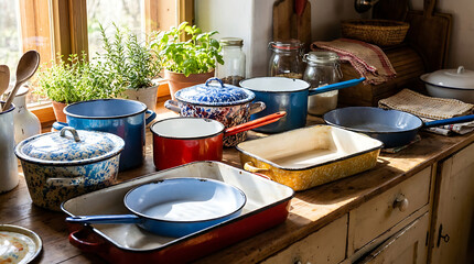 Fototapeta premium Vintage enamel cookware collection displayed on a wooden surface near plants and jars