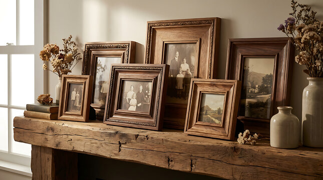 Rustic wooden frames showcasing vintage family photos and scenic landscapes on a textured shelf