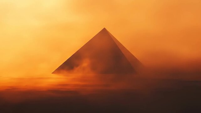 Abstract pyramid floating in golden atmosphere against sunset sky