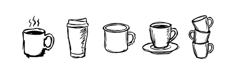 Obraz premium Drawn coffee cups and mugs, hot drinks assortment