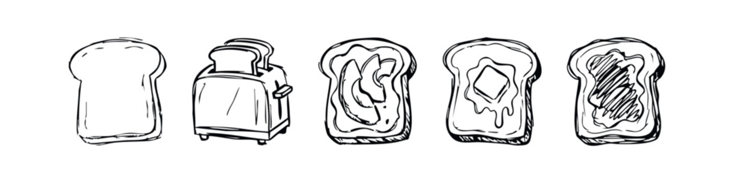 Breakfast Toast and Toppings Icons, Hand-Drawn Sketch