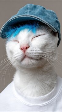 White cat wearing blue cap and wig with closed eyes