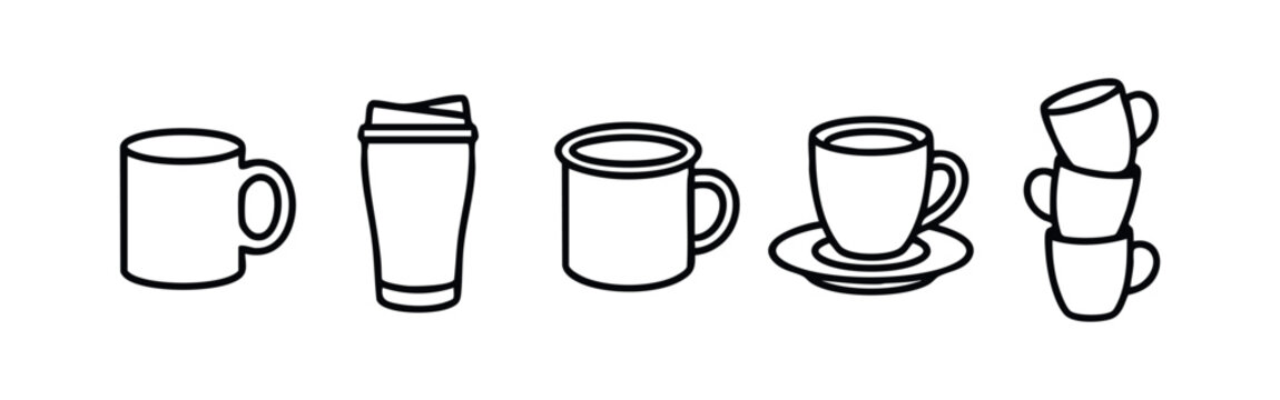 Line art coffee cups and mugs, modern drink icons