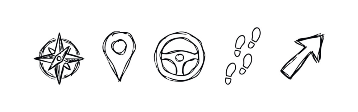 Travel and Navigation Icons (Sketch): Compass, Pin, Steering Wheel, Footprints, Arrow