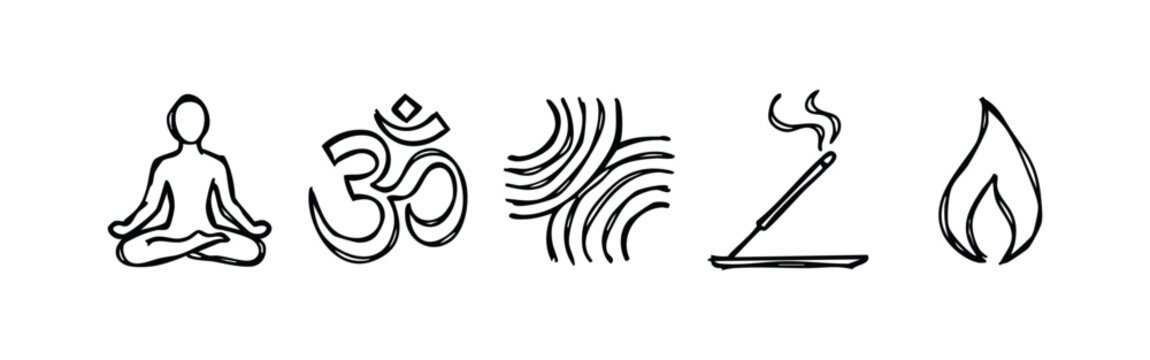 Spirituality and Meditation Icons (Sketch): Yoga Pose, Om Symbol, Waves, Incense, Flame