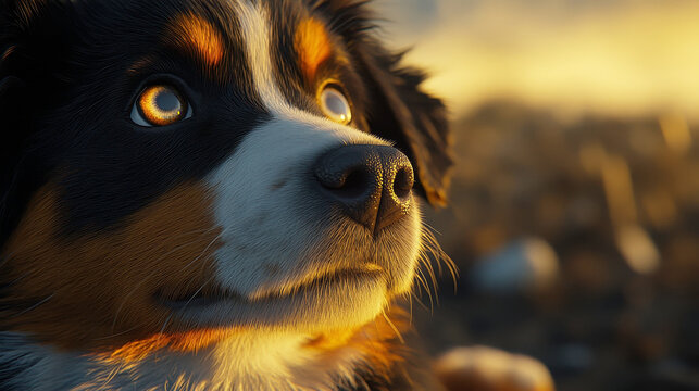 Adorable tri-colored puppy gazing into the sunset, celebrating National Puppy Day. Its soft fur glows in the golden light