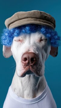 White dog with blue wig and cap against blue background