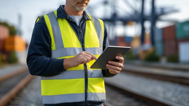 Close-up of a tablet screen held by a logistics worker on railway tracks, man in safety vest slightly blurred behind, stacked cargo containers and cranes catching warm sunlight, ci