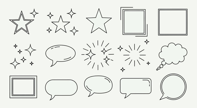 Hand-drawn doodle icons: stars, frames, speech bubbles, and bursts on white background