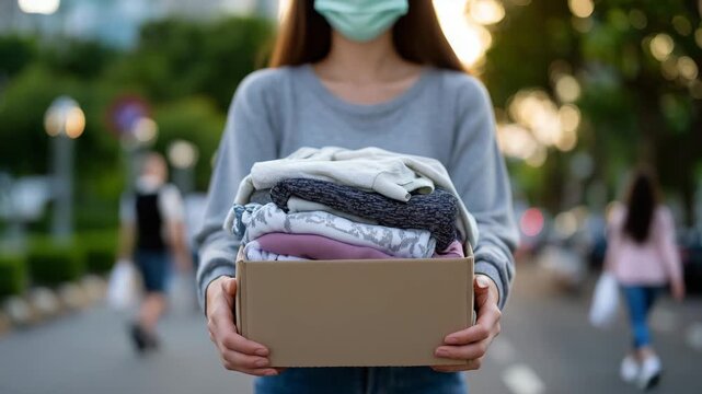 Close-up of a woman&rsquo;s hands gripping a box of donated clothes, face mask partially visible, city street with soft sunlight and blurred pedestrians behind, cinematic charitable givi